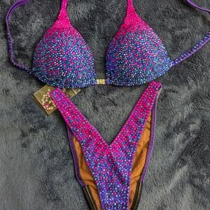 Vibrant Pink, Blue, And Purple Rhinestone competition Bikini Set